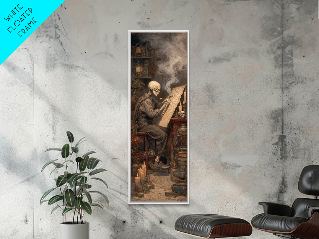 The Skeleton Cartographer - Occult Still Life, Halloween Wall Art, Tall Narrow Wall Art, Framed Canvas Print, Halloween Home Decor