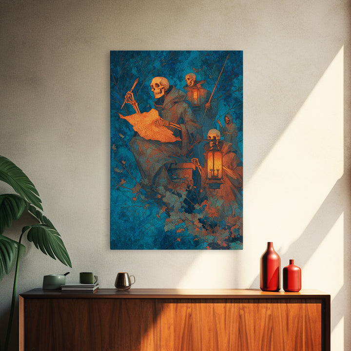 The Skeleton Cartographer - Procession Scene, Dark Fantasy Wall Art, Vertical Wall Art, Canvas Print, Halloween Home Decor, Gothic Wall Art