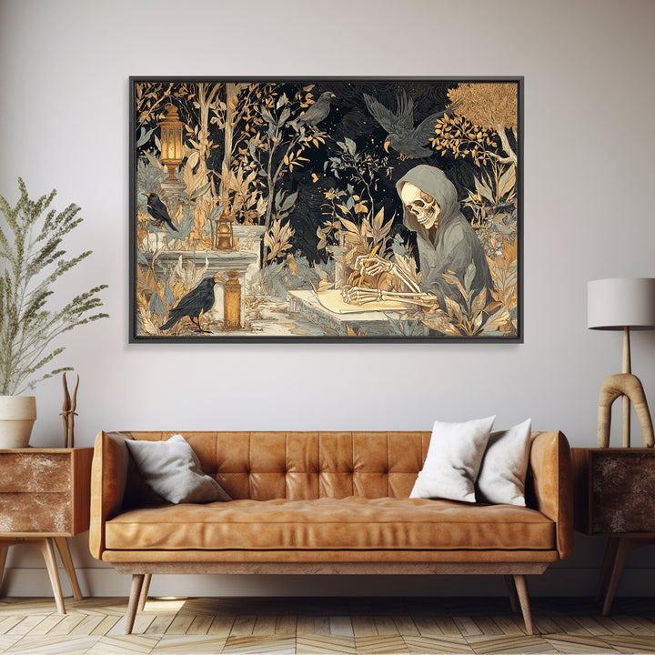The Skeleton Cartographer - Procession Scene, Halloween Wall Art, Landscape Wall Art, Framed Canvas Print, Halloween Home Decor