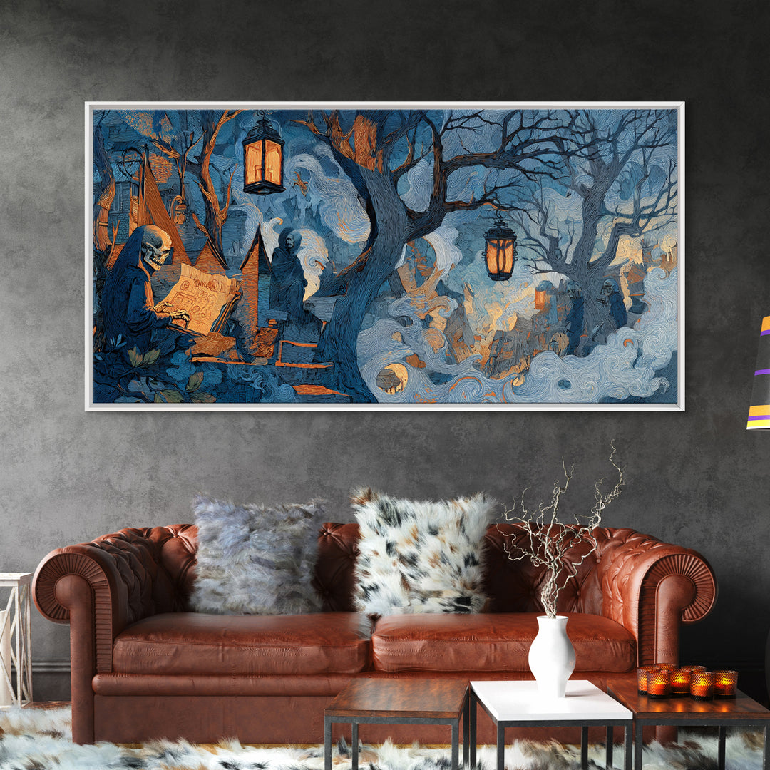 The Skeleton Cartographer - Procession Scene, Macabre Halloween Art, Wide Panoramic Art, Framed Canvas Print, Halloween Home Decor