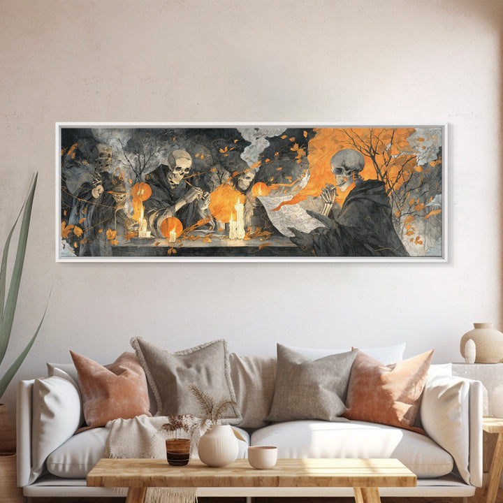 The Skeleton Cartographer - Procession Scene, Gothic Home Decor, Extra Wide Wall Art, Canvas Print, Halloween Home Decor, Gothic Wall Art