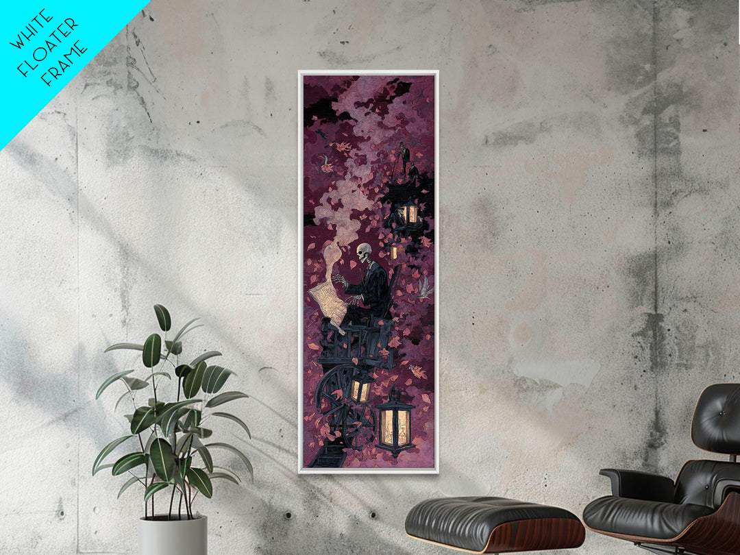 The Skeleton Cartographer - Procession Scene, Macabre Halloween Art, Tall Narrow Wall Art, Framed Canvas Print, Halloween Home Decor