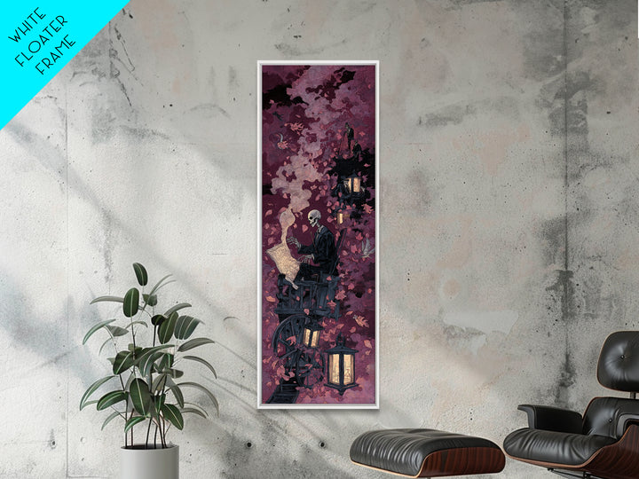 The Skeleton Cartographer - Procession Scene, Macabre Halloween Art, Tall Narrow Wall Art, Framed Canvas Print, Halloween Home Decor