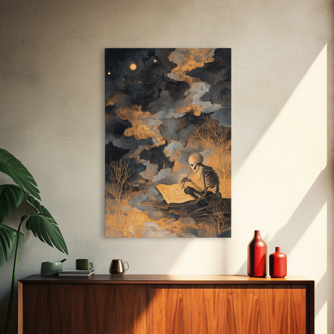 The Skeleton Cartographer - Surreal Celestial Vision, Gothic Home Decor, Vertical Wall Art, Canvas Print, Halloween Home Decor