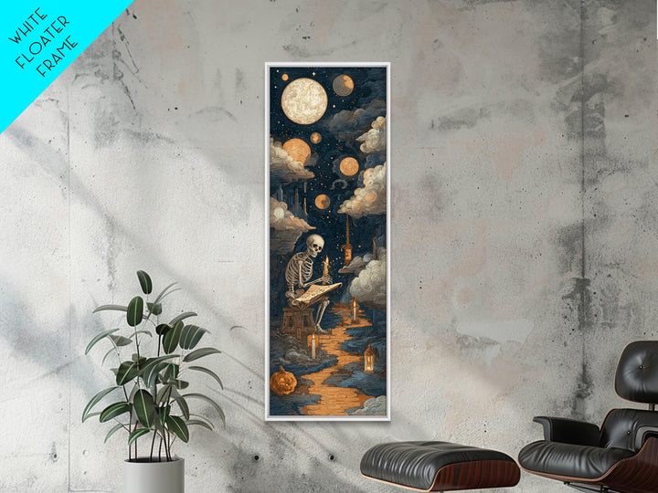 The Skeleton Cartographer - Surreal Celestial Vision, Halloween Wall Art, Tall Narrow Wall Art, Framed Canvas Print, Halloween Home Decor