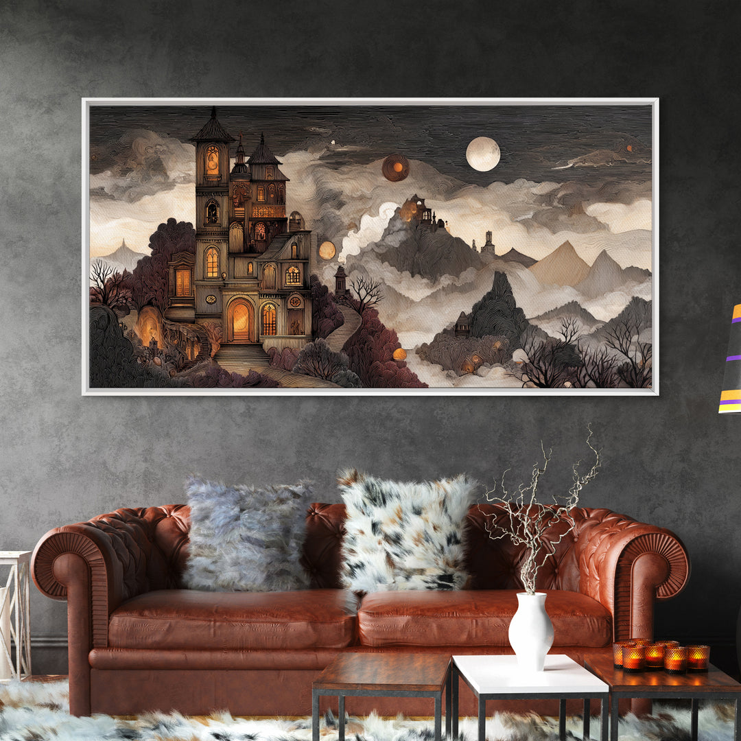 The Witch Astronomical Cabinet - Environmental Panorama, Halloween Wall Art, Wide Panoramic Art, Framed Canvas Print, Halloween Home Decor