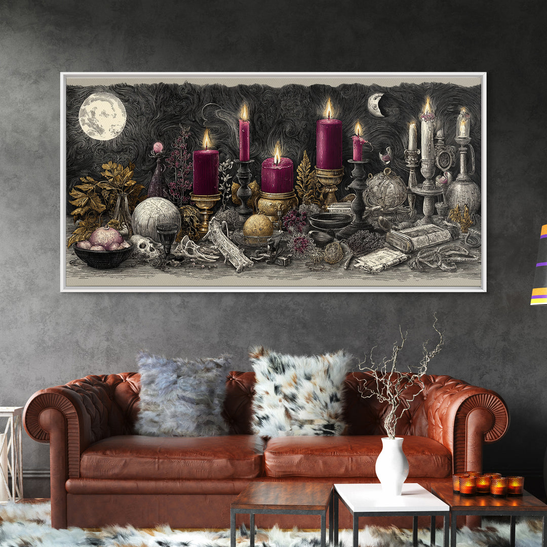 The Witch Astronomical Cabinet - Occult Still Life, Macabre Halloween Art, Wide Panoramic Art, Framed Canvas Print, Halloween Home Decor