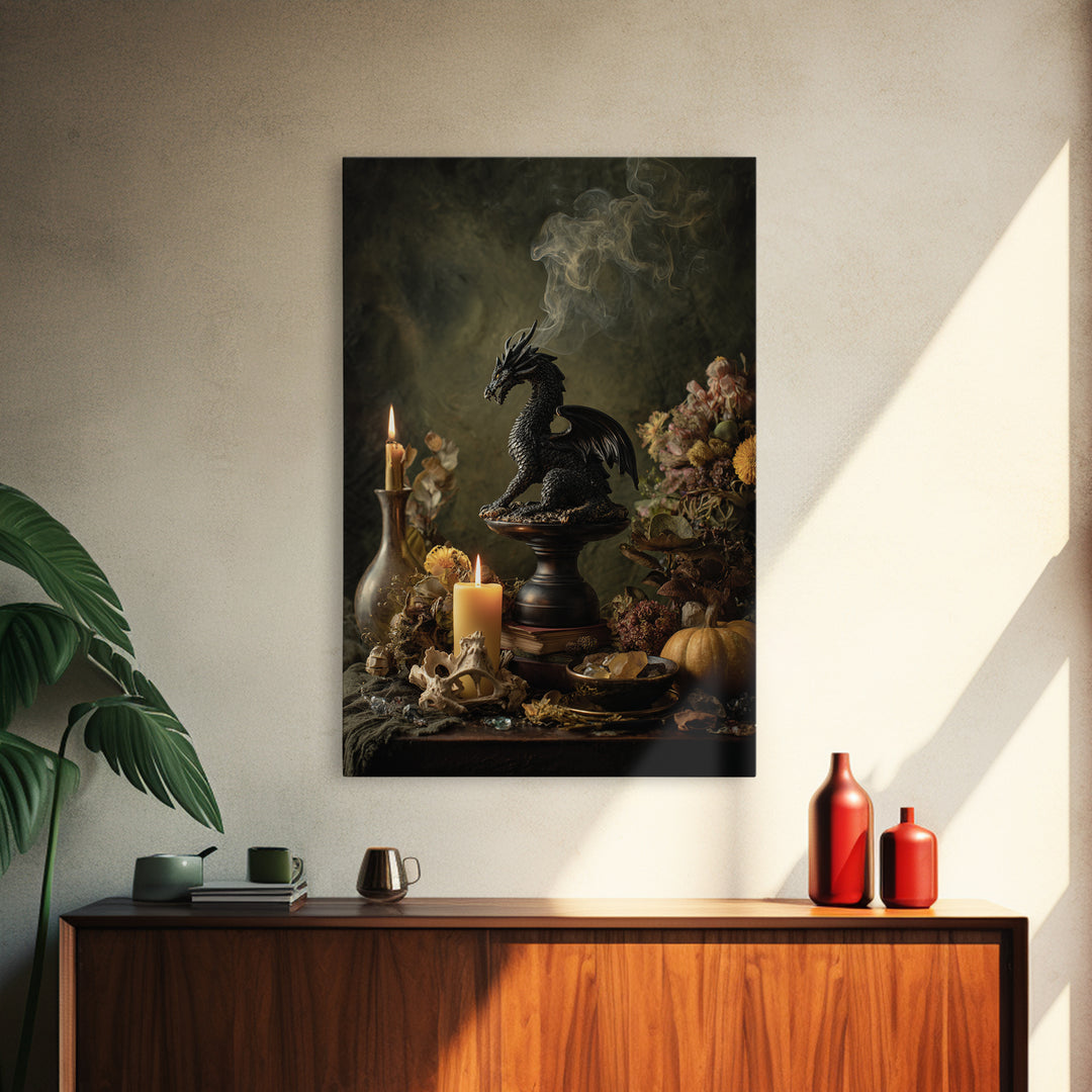 The Candle Smoke Dragon - Occult Still Life, Spooky Wall Decor, Vertical Wall Art, Framed Canvas Print, Halloween Home Decor