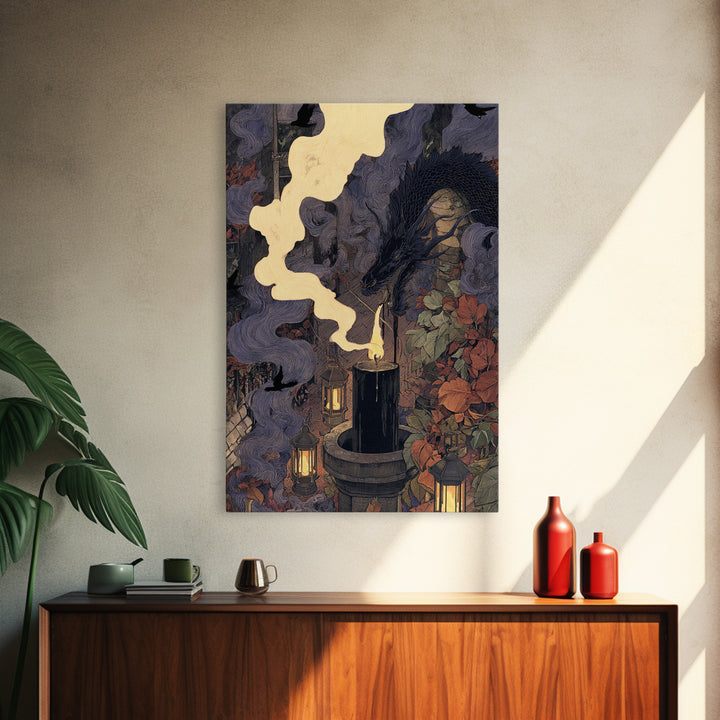 The Candle Smoke Dragon - Procession Scene, Occult Wall Decor, Vertical Wall Art, Canvas Print, Halloween Home Decor, Gothic Wall Art