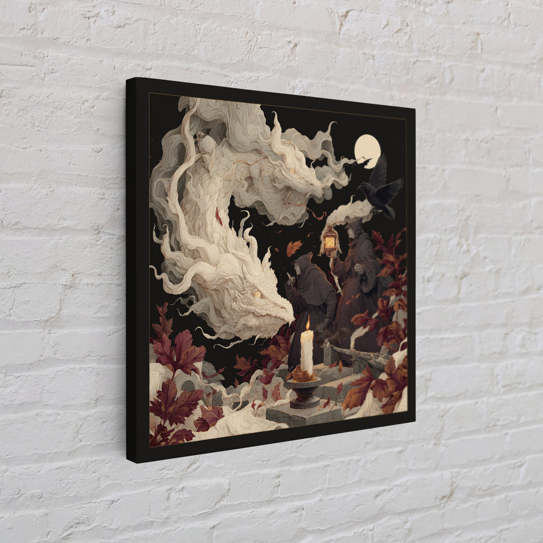 The Candle Smoke Dragon - Procession Scene, Spooky Wall Decor, Square Wall Art, Framed Canvas Print, Halloween Home Decor, Gothic Wall Art