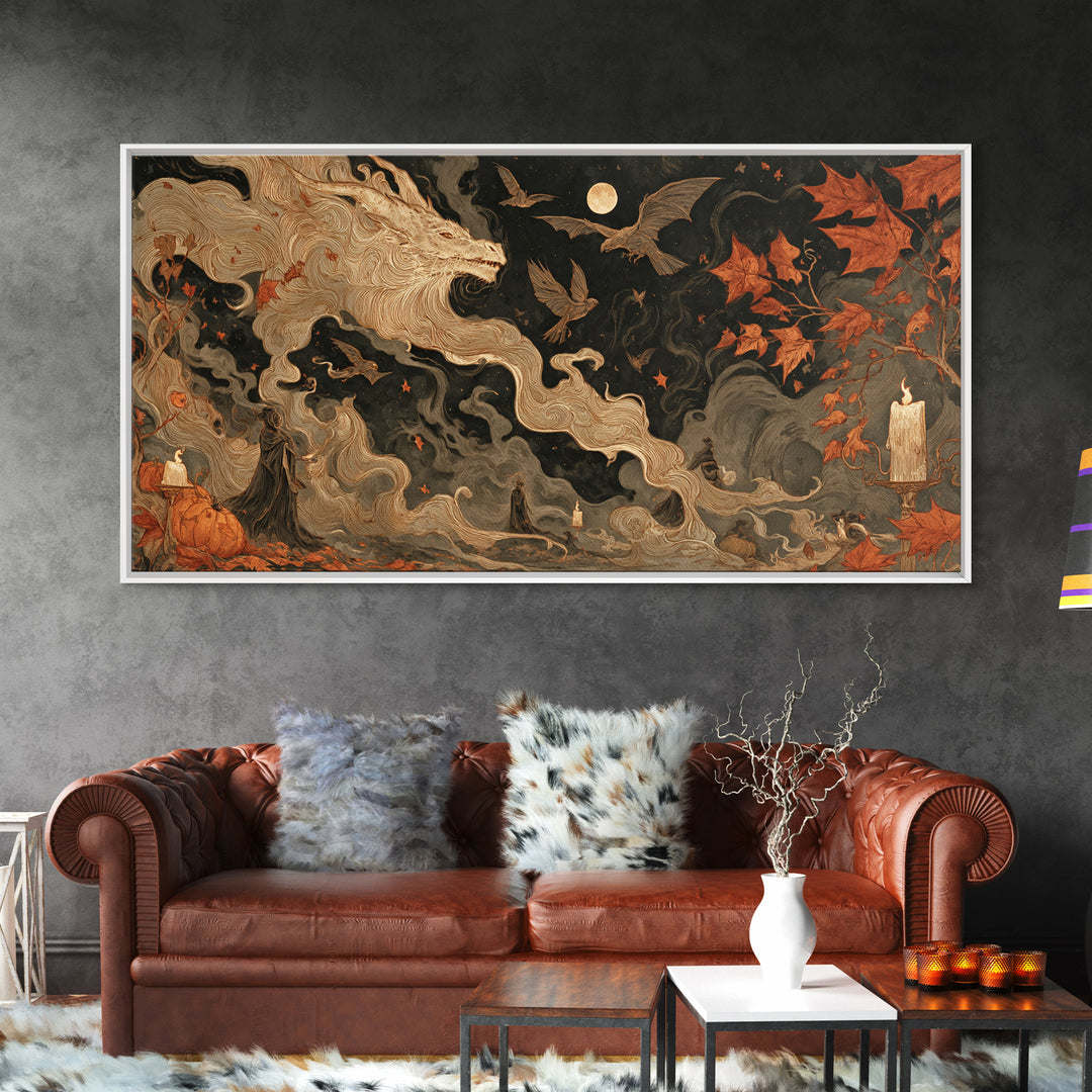 The Candle Smoke Dragon - Procession Scene, Dark Fantasy Wall Art, Wide Panoramic Art, Canvas Print, Halloween Home Decor, Gothic Wall Art