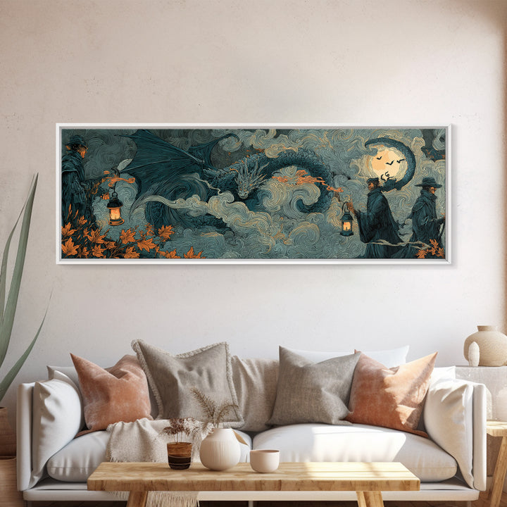 The Candle Smoke Dragon - Procession Scene, Halloween Wall Art, Extra Wide Wall Art, Framed Canvas Print, Halloween Home Decor