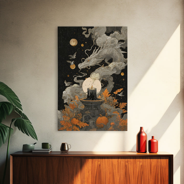 The Candle Smoke Dragon - Surreal Celestial Vision, Dark Fantasy Wall Art, Vertical Wall Art, Canvas Print, Halloween Home Decor