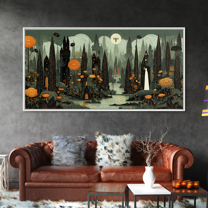 The Mourning Moth Halo - Environmental Panorama, Dark Fantasy Wall Art, Wide Panoramic Art, Canvas Print, Halloween Home Decor