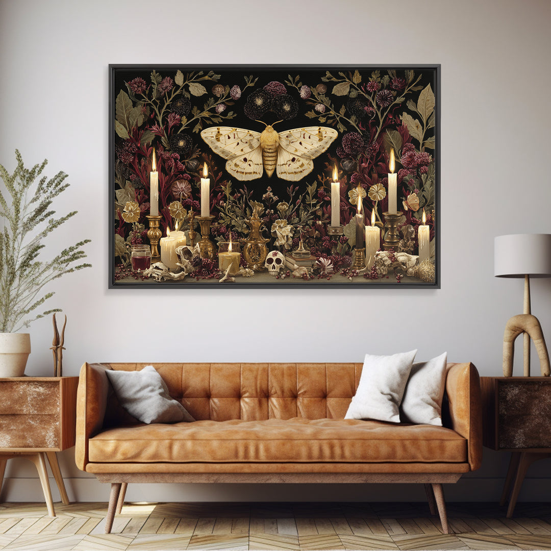 The Mourning Moth Halo - Occult Still Life, Macabre Halloween Art, Landscape Wall Art, Framed Canvas Print, Halloween Home Decor