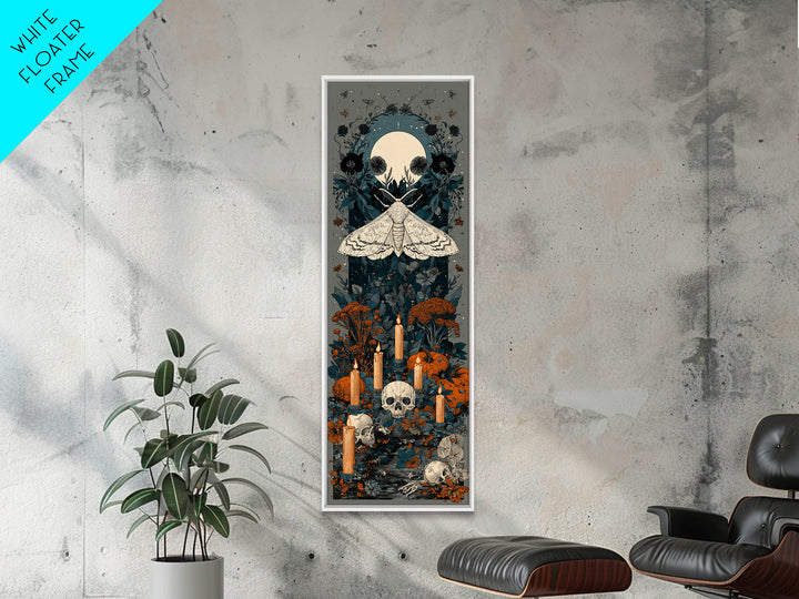 The Mourning Moth Halo - Occult Still Life, Macabre Halloween Art, Tall Narrow Wall Art, Framed Canvas Print, Halloween Home Decor