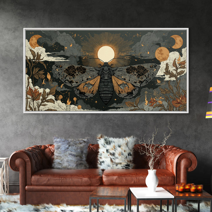 The Mourning Moth Halo - Surreal Celestial Vision, Macabre Halloween Art, Wide Panoramic Art, Framed Canvas Print, Halloween Home Decor