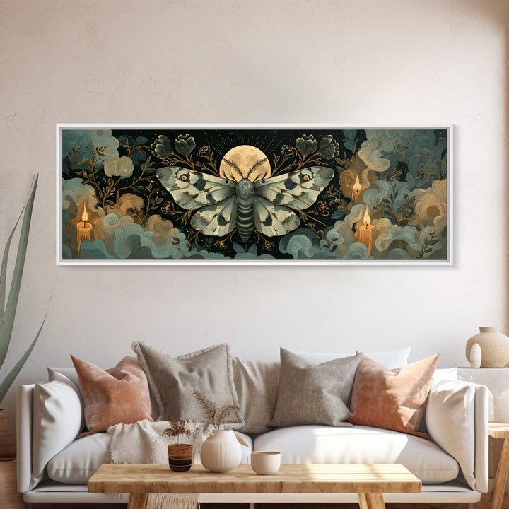 The Mourning Moth Halo - Surreal Celestial Vision, Gothic Home Decor, Extra Wide Wall Art, Canvas Print, Halloween Home Decor