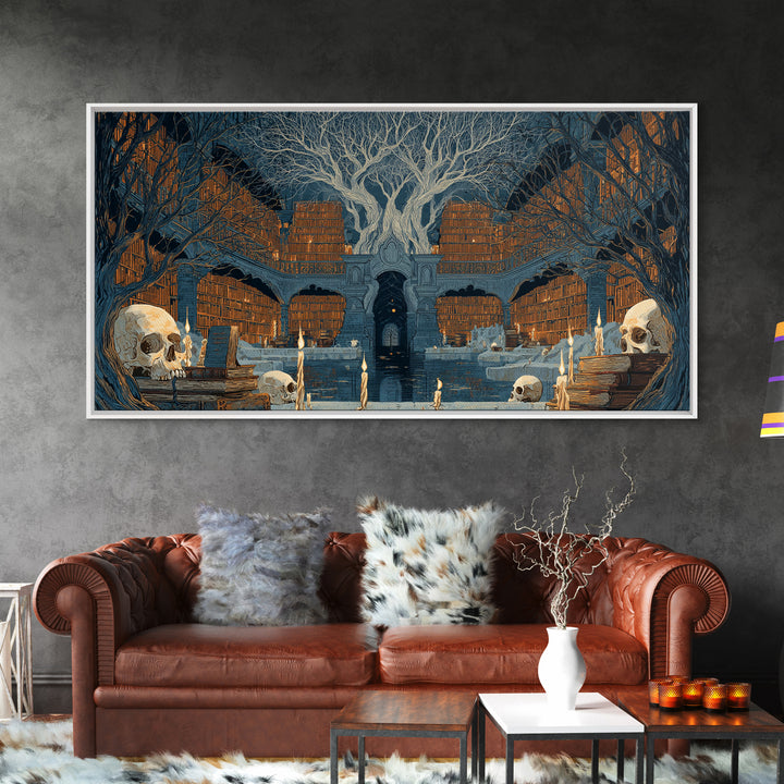 The Catacomb Library - Icon Portrait, Spooky Wall Decor, Wide Panoramic Art, Framed Canvas Print, Halloween Home Decor, Gothic Wall Art