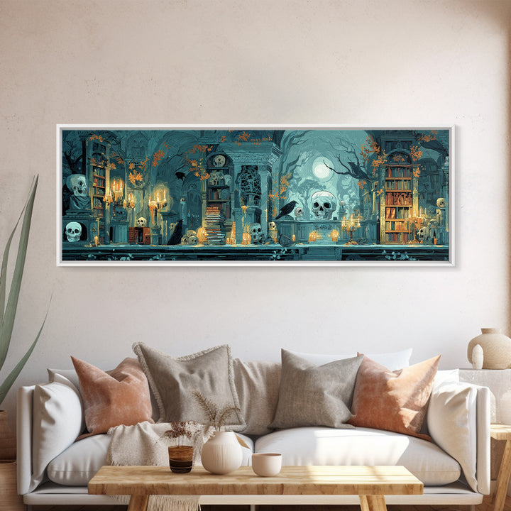 The Catacomb Library - Icon Portrait, Spooky Wall Decor, Extra Wide Wall Art, Framed Canvas Print, Halloween Home Decor, Gothic Wall Art