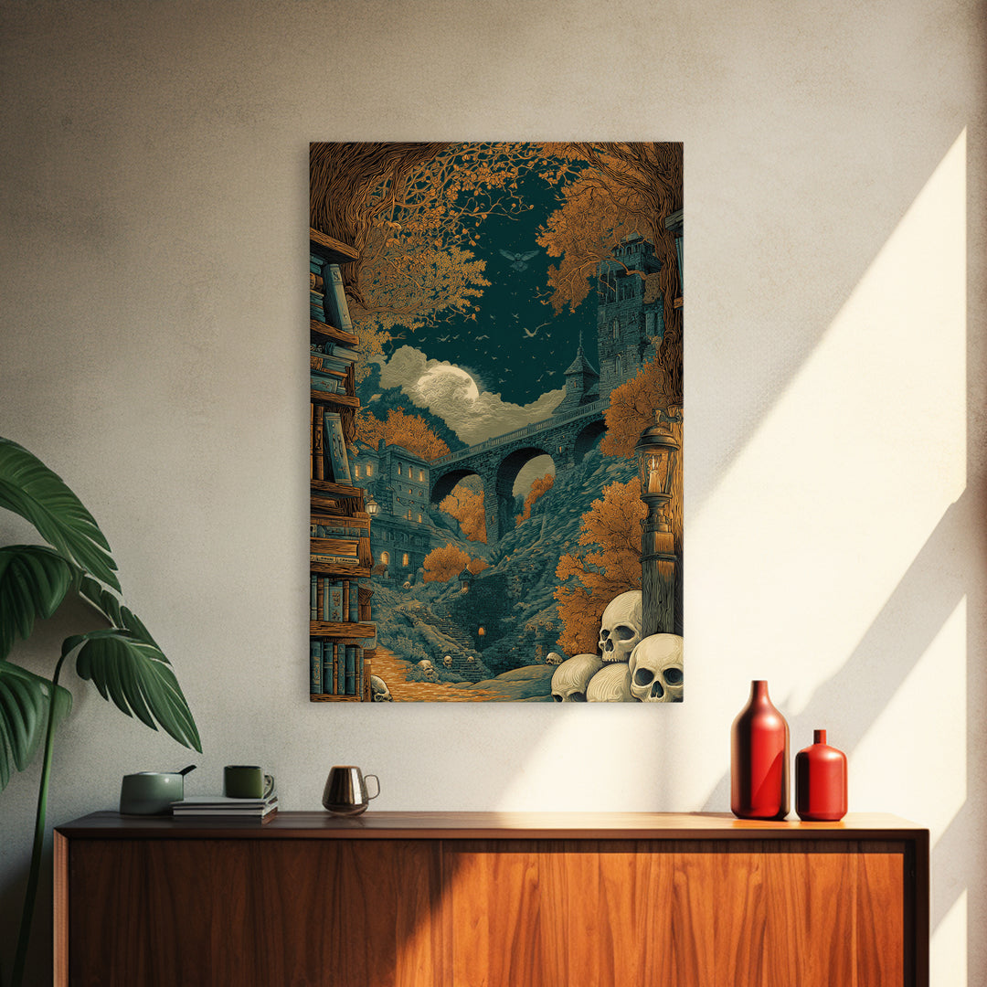 The Catacomb Library - Environmental Panorama, Dark Fantasy Wall Art, Vertical Wall Art, Canvas Print, Halloween Home Decor, Gothic Wall Art