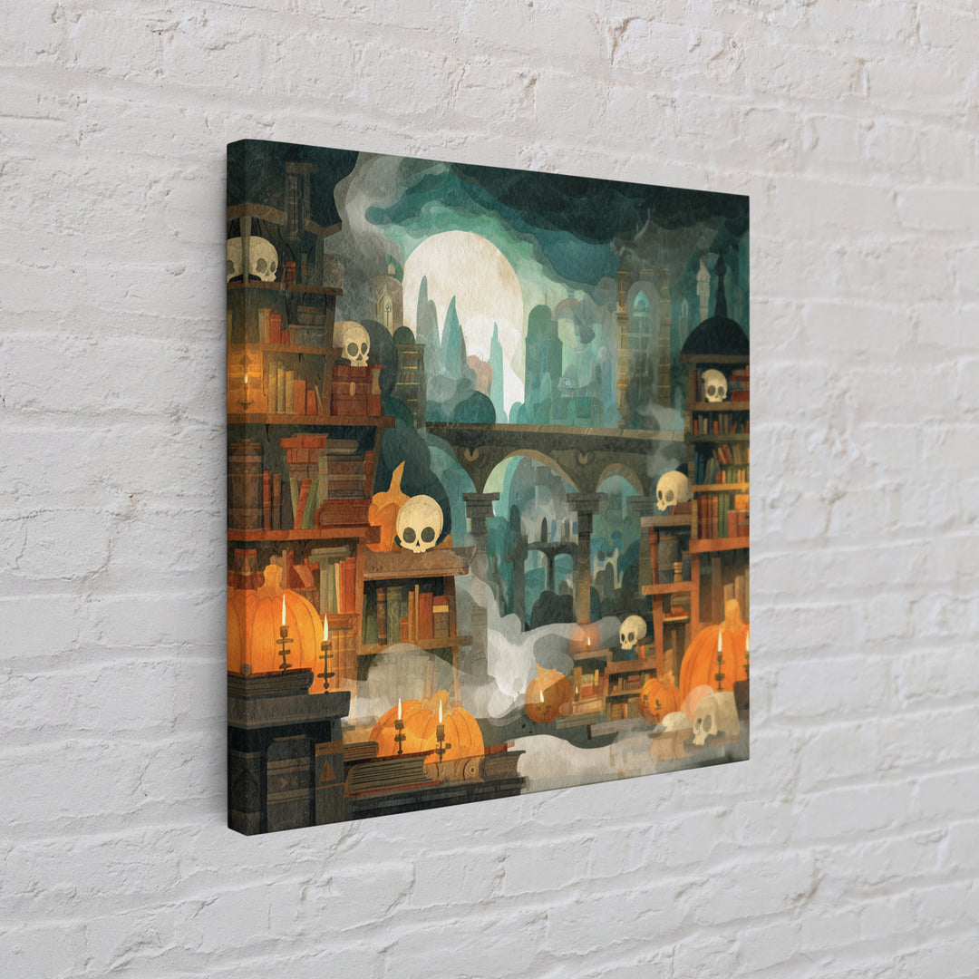 The Catacomb Library - Environmental Panorama, Macabre Halloween Art, Square Wall Art, Framed Canvas Print, Halloween Home Decor
