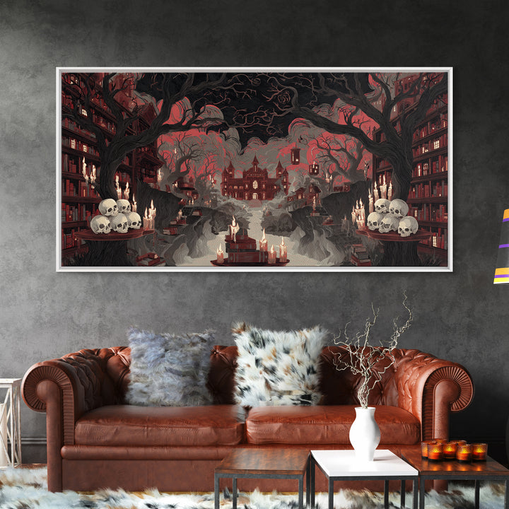 The Catacomb Library - Environmental Panorama, Macabre Halloween Art, Wide Panoramic Art, Framed Canvas Print, Halloween Home Decor