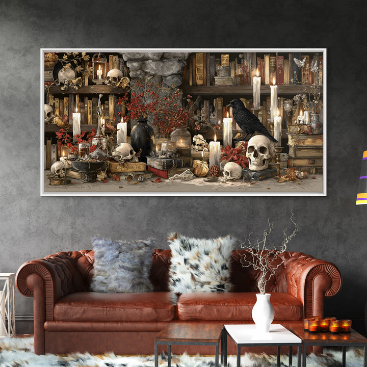 The Catacomb Library - Occult Still Life, Halloween Wall Art, Wide Panoramic Art, Framed Canvas Print, Halloween Home Decor, Gothic Wall Art
