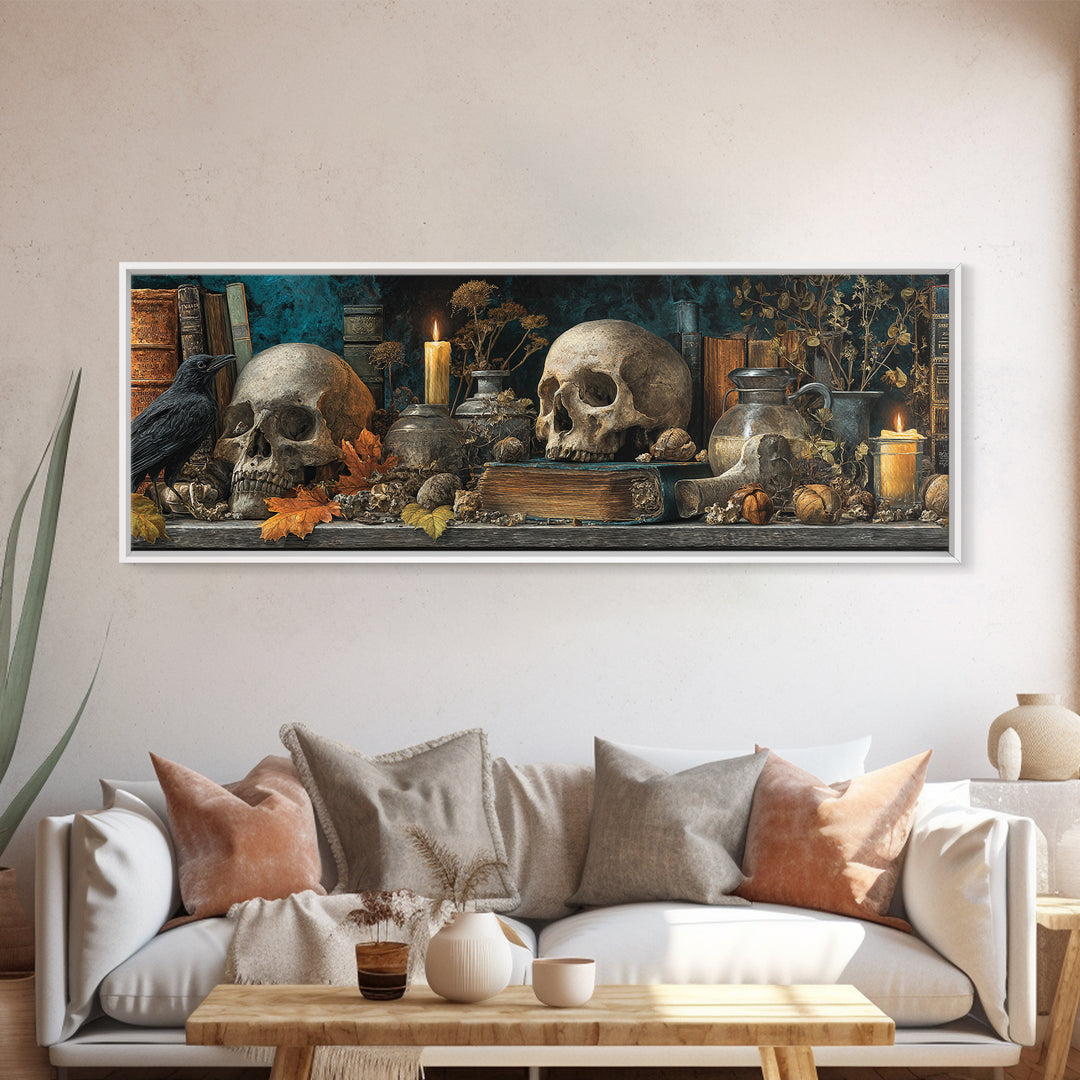 The Catacomb Library - Occult Still Life, Occult Wall Decor, Extra Wide Wall Art, Canvas Print, Halloween Home Decor, Gothic Wall Art