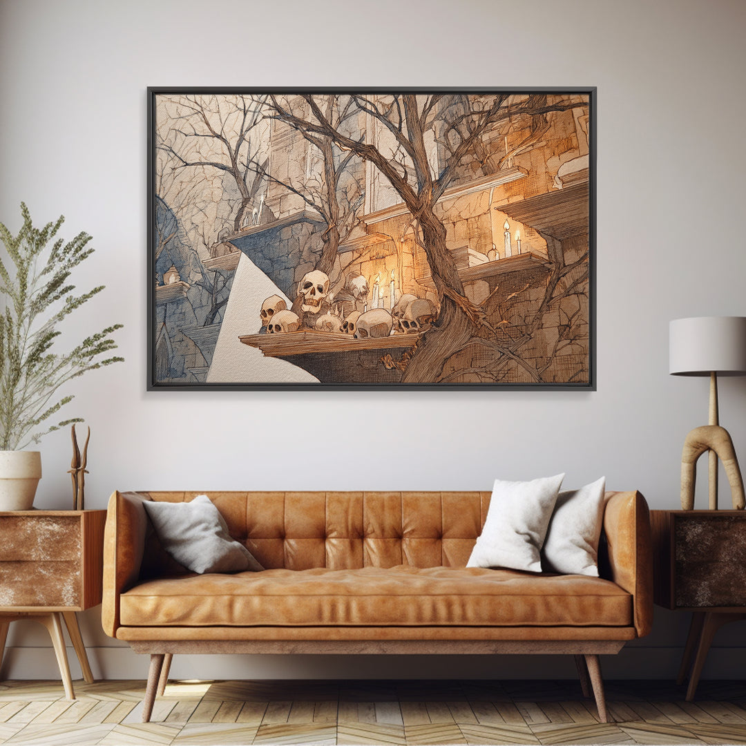 The Catacomb Library - Procession Scene, Spooky Wall Decor, Landscape Wall Art, Framed Canvas Print, Halloween Home Decor, Gothic Wall Art