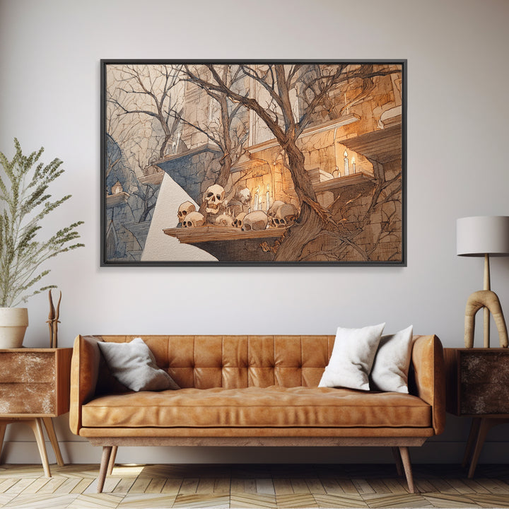 The Catacomb Library - Procession Scene, Spooky Wall Decor, Landscape Wall Art, Framed Canvas Print, Halloween Home Decor, Gothic Wall Art