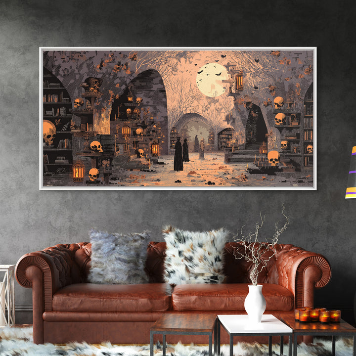 The Catacomb Library - Procession Scene, Occult Wall Decor, Wide Panoramic Art, Canvas Print, Halloween Home Decor, Gothic Wall Art
