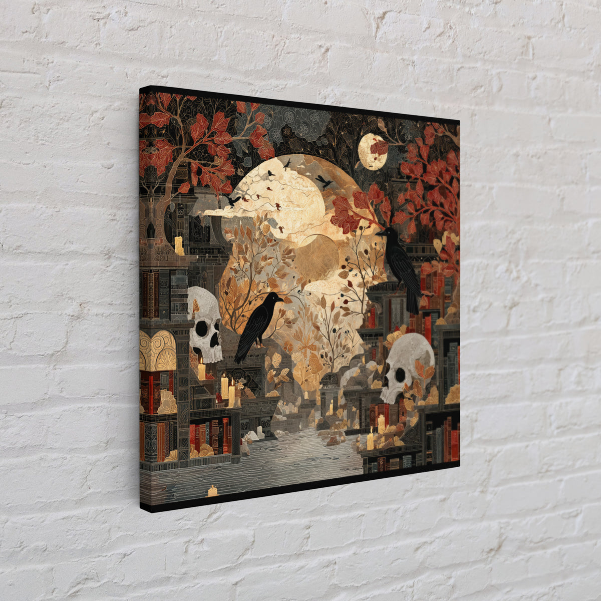 The Catacomb Library - Surreal Celestial Vision, Macabre Halloween Art, Square Wall Art, Framed Canvas Print, Halloween Home Decor