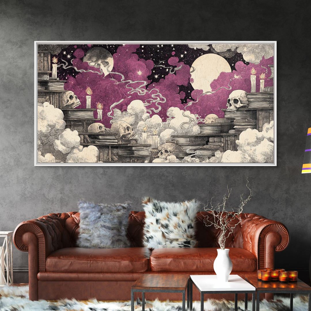 The Catacomb Library - Surreal Celestial Vision, Halloween Wall Art, Wide Panoramic Art, Framed Canvas Print, Halloween Home Decor