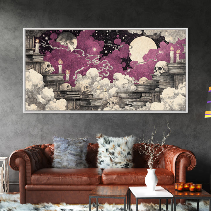 The Catacomb Library - Surreal Celestial Vision, Halloween Wall Art, Wide Panoramic Art, Framed Canvas Print, Halloween Home Decor
