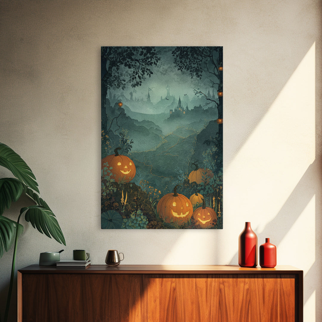 The Jack-O-Lantern Crown Jewels - Environmental Panorama, Spooky Wall Decor, Vertical Wall Art, Framed Canvas Print, Halloween Home Decor