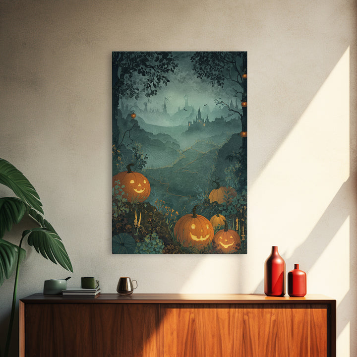 The Jack-O-Lantern Crown Jewels - Environmental Panorama, Spooky Wall Decor, Vertical Wall Art, Framed Canvas Print, Halloween Home Decor