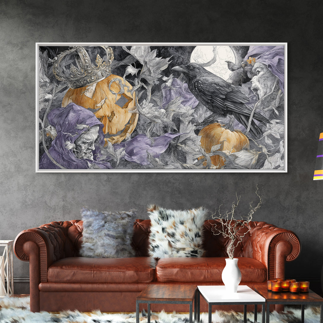 The Jack-O-Lantern Crown Jewels - Procession Scene, Spooky Wall Decor, Wide Panoramic Art, Framed Canvas Print, Halloween Home Decor