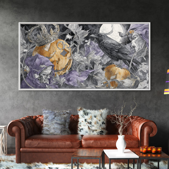 The Jack-O-Lantern Crown Jewels - Procession Scene, Spooky Wall Decor, Wide Panoramic Art, Framed Canvas Print, Halloween Home Decor