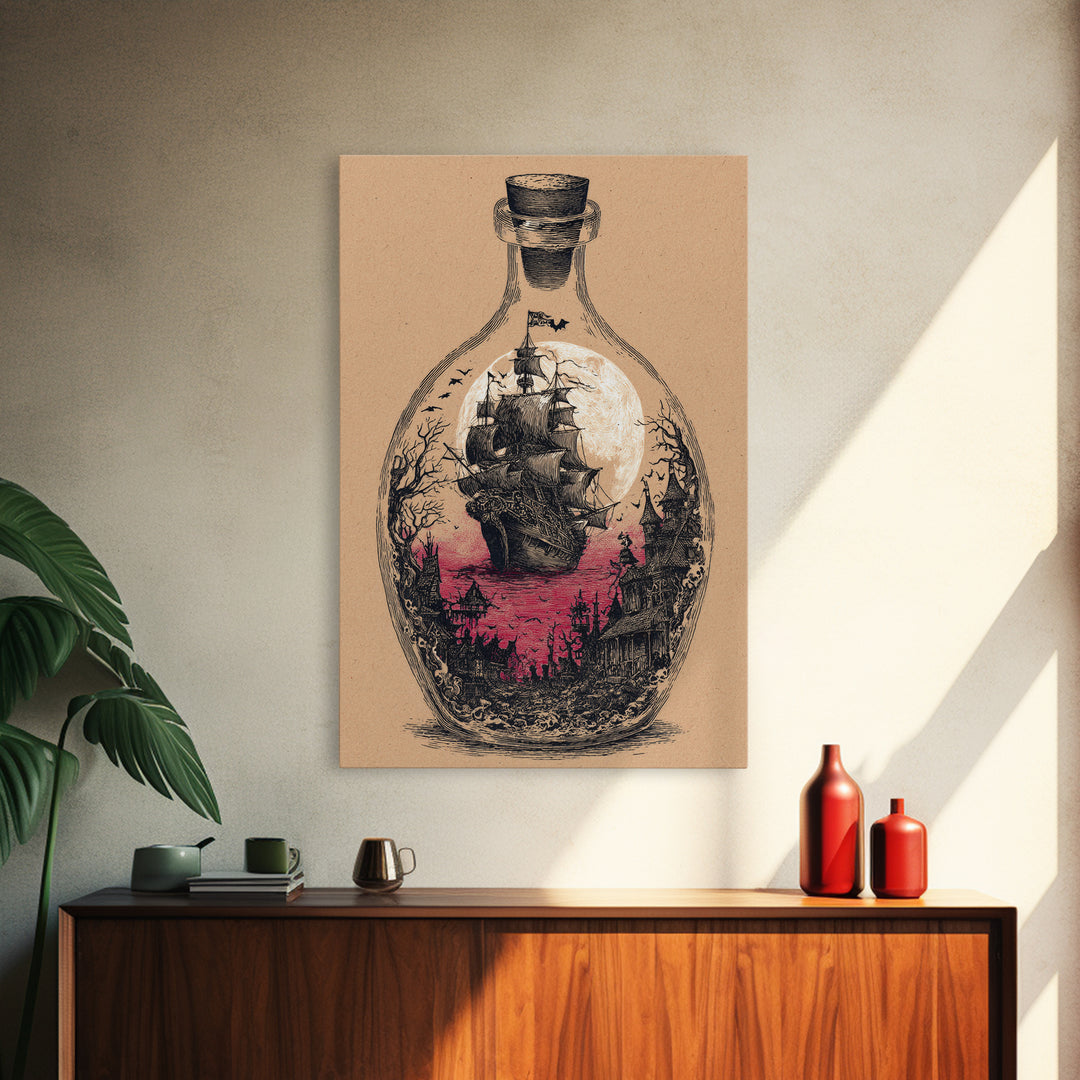 The Ghost Ship In A Bottle - Icon Portrait, Spooky Wall Decor, Vertical Wall Art, Framed Canvas Print, Halloween Home Decor, Gothic Wall Art