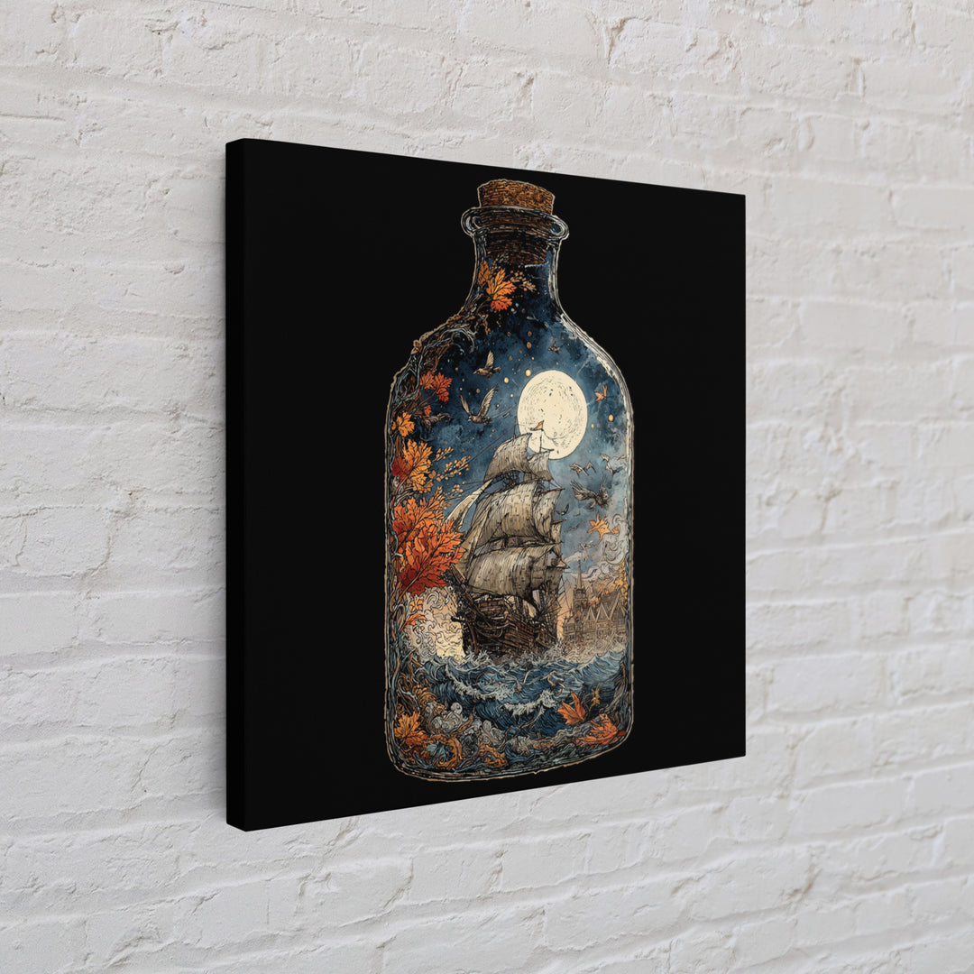The Ghost Ship In A Bottle - Icon Portrait, Macabre Halloween Art, Square Wall Art, Framed Canvas Print, Halloween Home Decor