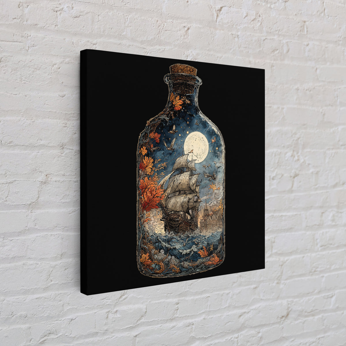 The Ghost Ship In A Bottle - Icon Portrait, Macabre Halloween Art, Square Wall Art, Framed Canvas Print, Halloween Home Decor