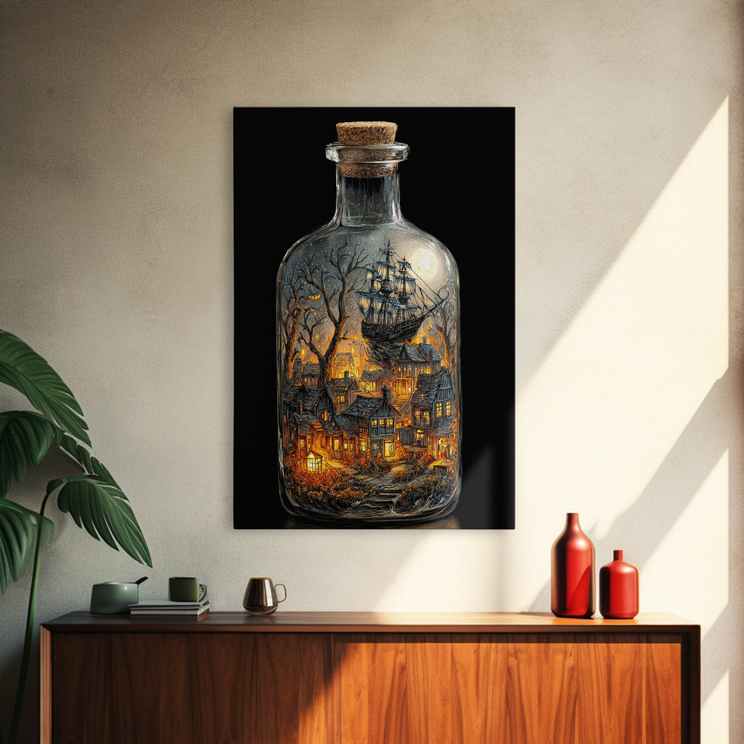 The Ghost Ship In A Bottle - Environmental Panorama, Macabre Halloween Art, Vertical Wall Art, Framed Canvas Print, Halloween Home Decor