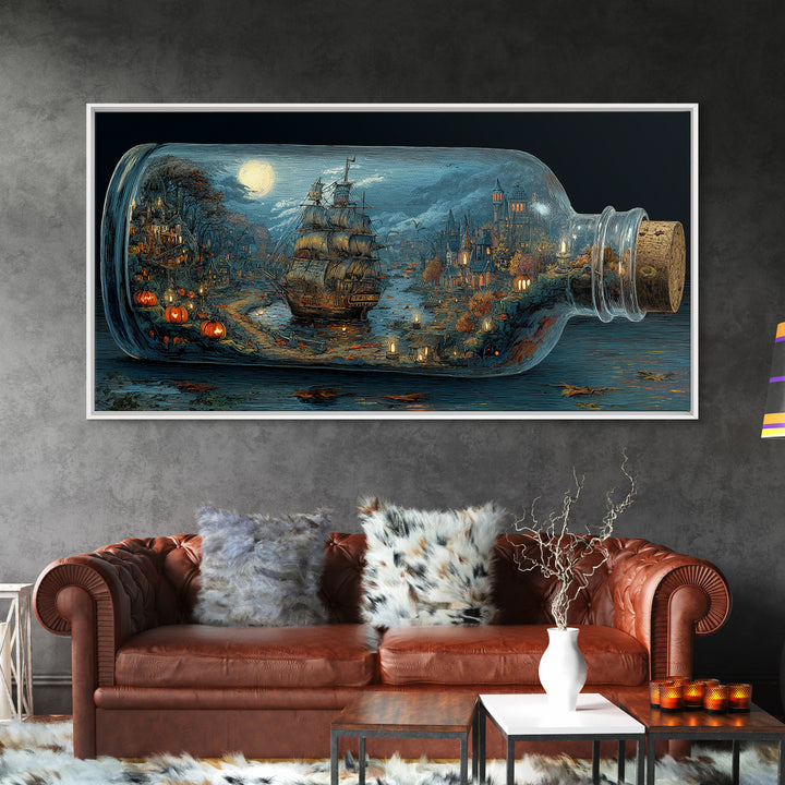 The Ghost Ship In A Bottle - Environmental Panorama, Gothic Home Decor, Wide Panoramic Art, Canvas Print, Halloween Home Decor