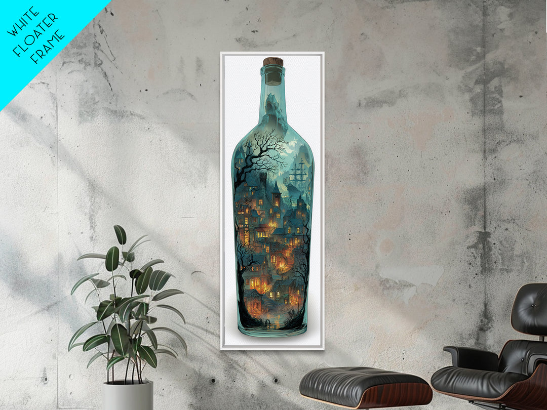 The Ghost Ship In A Bottle - Environmental Panorama, Spooky Wall Decor, Tall Narrow Wall Art, Framed Canvas Print, Halloween Home Decor