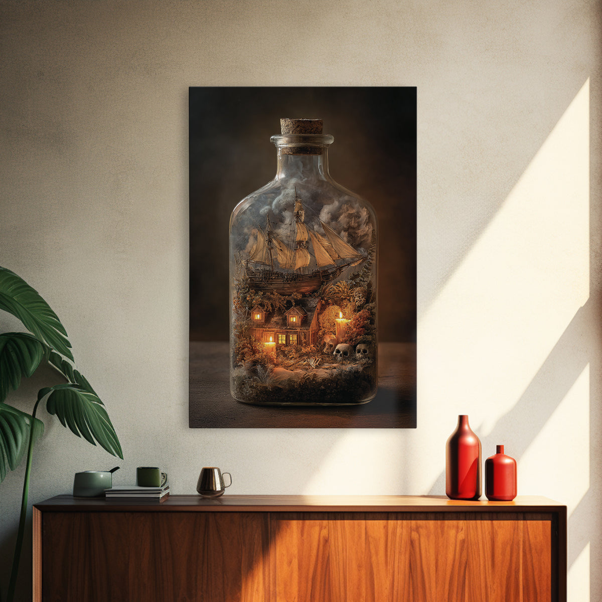 The Ghost Ship In A Bottle - Occult Still Life, Dark Fantasy Wall Art, Vertical Wall Art, Canvas Print, Halloween Home Decor