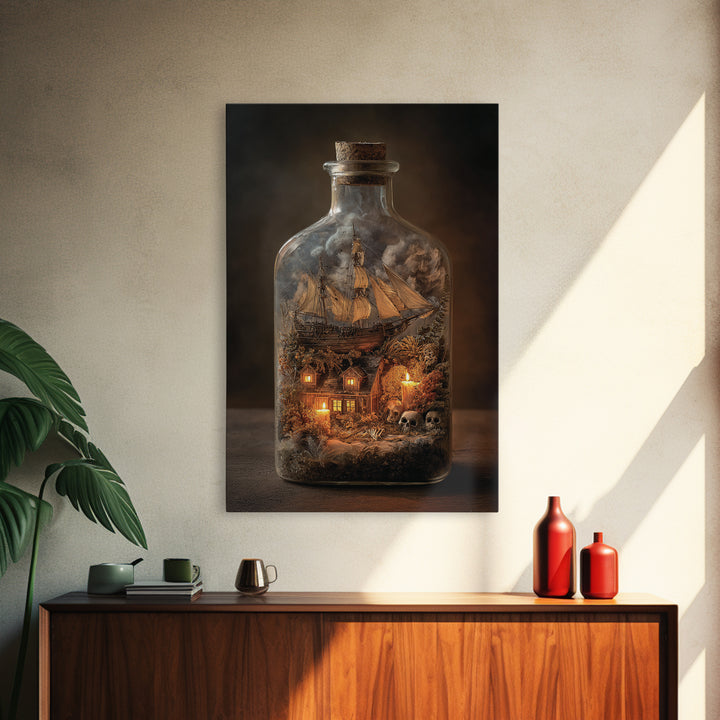 The Ghost Ship In A Bottle - Occult Still Life, Dark Fantasy Wall Art, Vertical Wall Art, Canvas Print, Halloween Home Decor