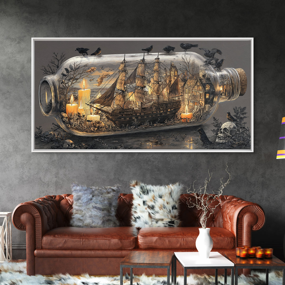 The Ghost Ship In A Bottle - Occult Still Life, Spooky Wall Decor, Wide Panoramic Art, Framed Canvas Print, Halloween Home Decor