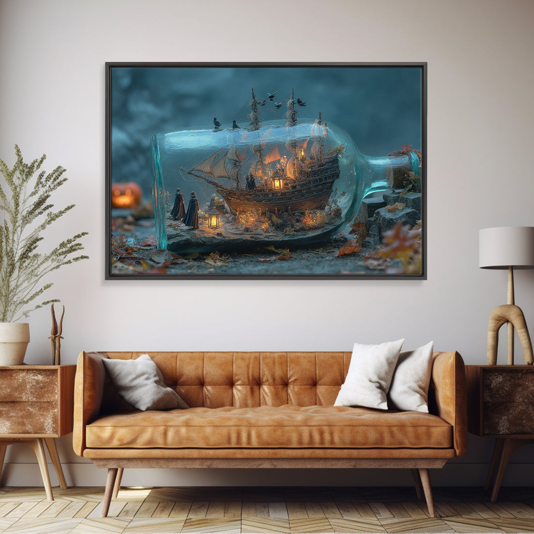 The Ghost Ship In A Bottle - Procession Scene, Dark Fantasy Wall Art, Landscape Wall Art, Canvas Print, Halloween Home Decor