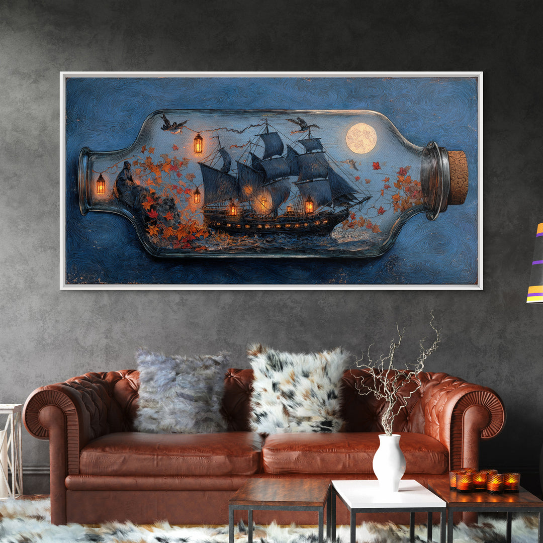 The Ghost Ship In A Bottle - Procession Scene, Occult Wall Decor, Wide Panoramic Art, Canvas Print, Halloween Home Decor, Gothic Wall Art